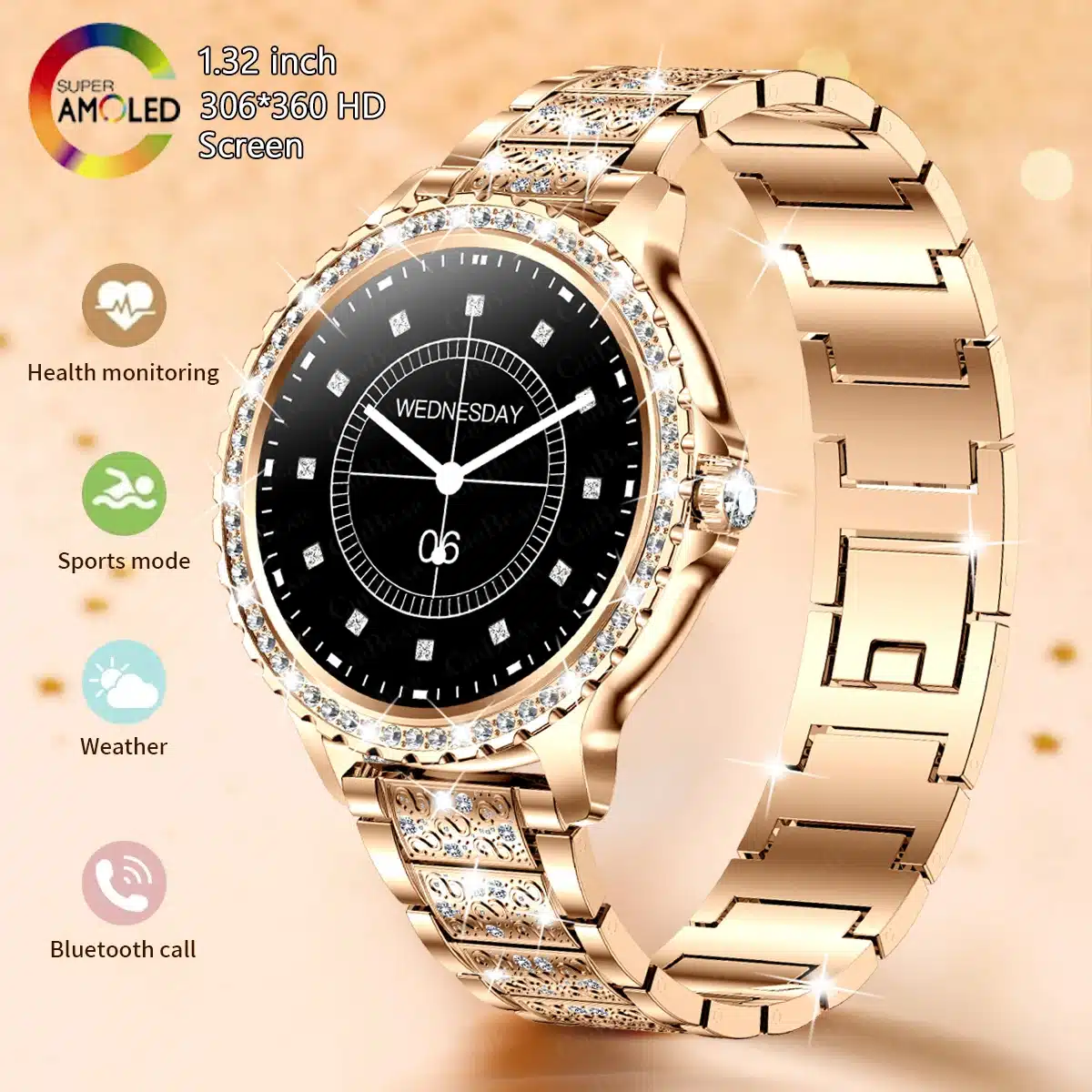 2024New Fashion Women Smart Watch 360*360 HD Screen Sports Bracelet Custom Dial Heart Rate Voice Call Smartwatch For Android IOS 2024 women's smartwatch with 360 by 360 AMOLED screen front view