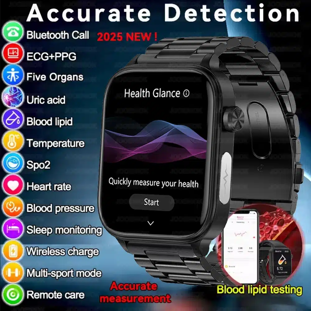 2025 New 24-Hour Health Monitoring Smart Watch Men Uric Acid Blood Lipids Heart Rate Bluetooth Call Smartwatch Women 2025 ET570 smartwatch showing health tracking features