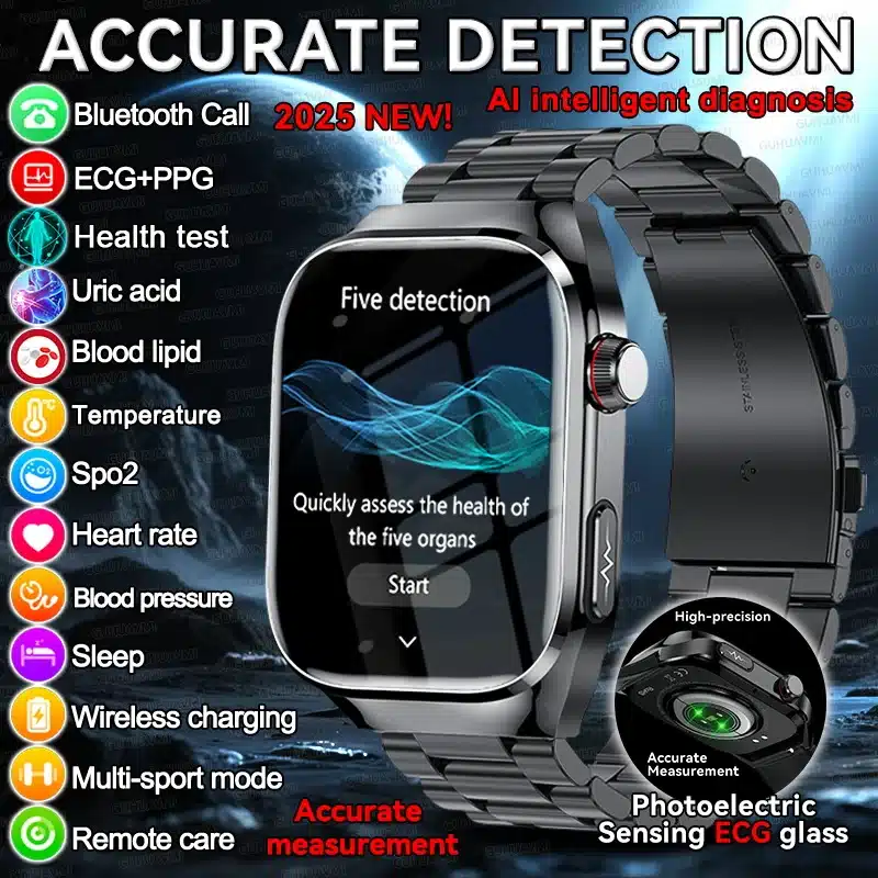 2025 New Nursing Grade Uric acid Blood lipids Smart Watch Men ECG+PPG Blood Pressure Heart Rate Bluetooth Call Health Smartwatch GUHUAVMI 2025 nursing grade health smartwatch front view