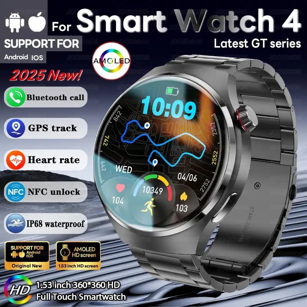 2025 New Watch 4 GT Series Smart Watch Men AMOLED Screen Heart Rate Health Monitoring Bluetooth Call Business Smartwatch Man 2025 Watch 4 GT Series men's AMOLED screen smartwatch front view