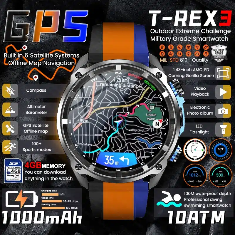 2025New Men Military GPS Map Smart Watch T-Rex3 Compass 4GB Memory 1000mAh Battery 10ATM Waterproof HD Bluetooth Call Smartwatch Front view of 2025 Military GPS Smartwatch T-Rex3 with HD AMOLED display