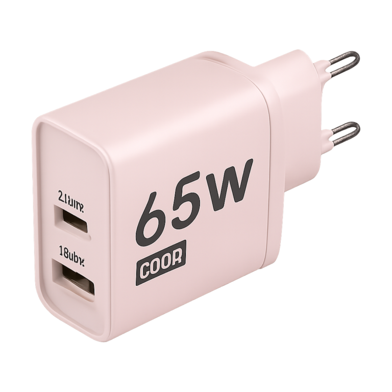 65W GaN fast charger with USB-C and USB-A ports in white color