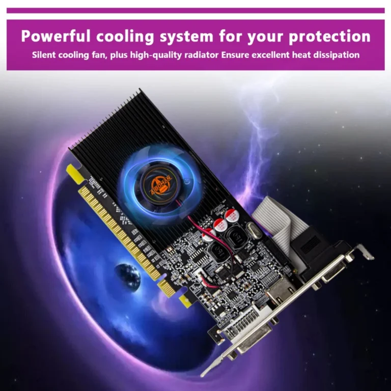 Side profile of AIBOMAN GT210 graphics card showing single fan