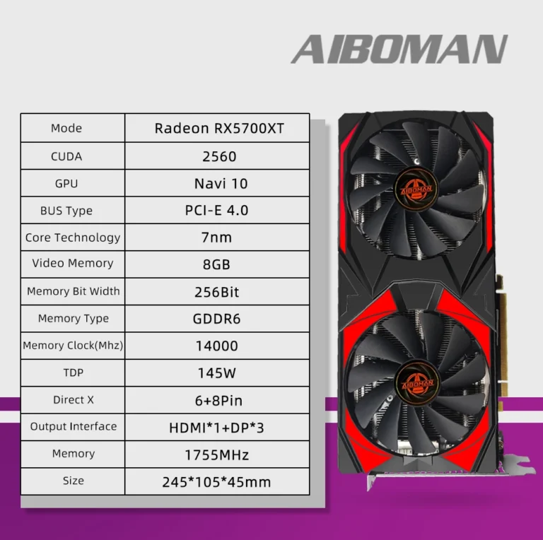 Side view of AIBOMAN RX5700XT 8GB PCIe 4.0 graphics card