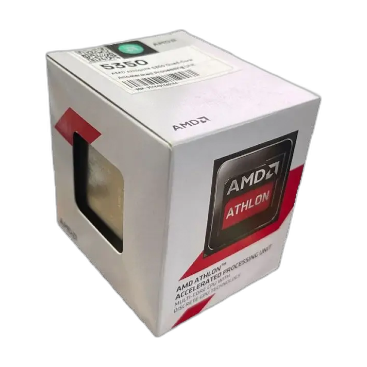 AMD X4 5350 Athlon 5350 2.05 GHz Quad-Core Quad-Thread CPU AD5350JAH44HM Socket AM1 Sealed New and come with cooler-bg-clean AMD Athlon X4 5350 quad-core CPU front view with cooler