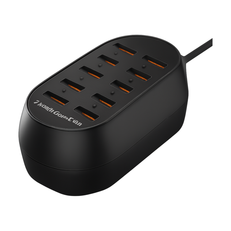 ASOMETECH 10 port USB charger with multiple plugs on desktop