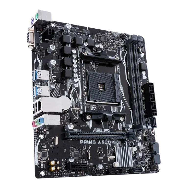 Close-up of ASUS PRIME A320M-F motherboard PCIe and SATA ports