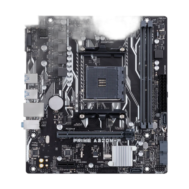 ASUS PRIME A320M-F motherboard front view showing AM4 socket and DDR4 slots