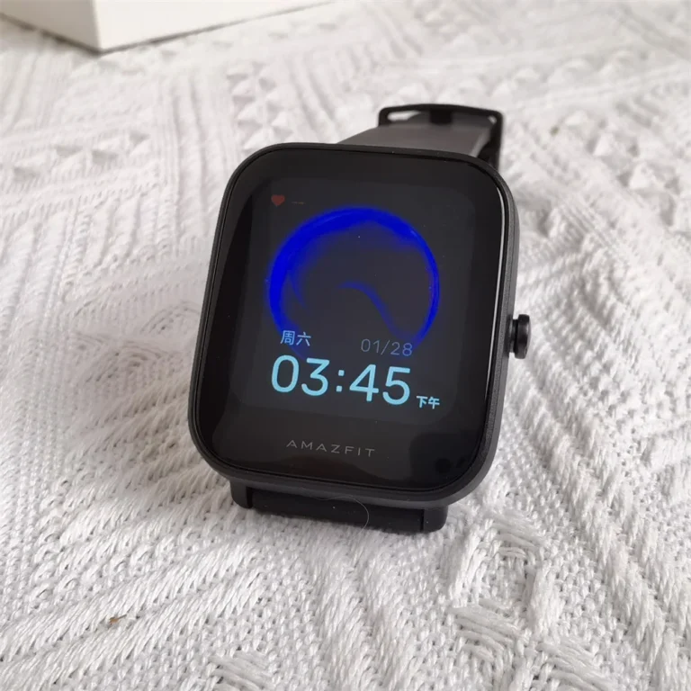 Side angle of Amazfit Bip U Pro GPS smartwatch display on