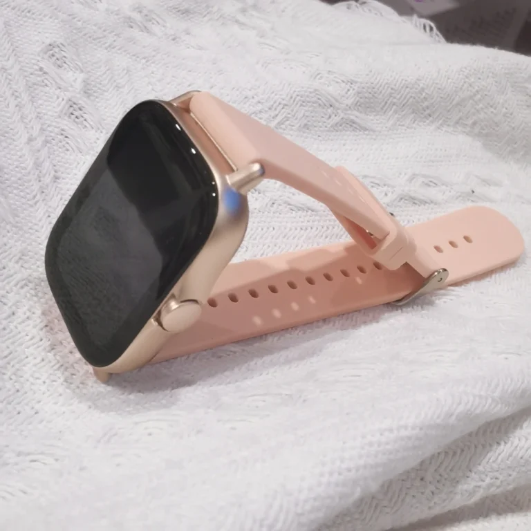 Side angle of Amazfit GTS 2e smartwatch showing black silicone band