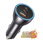 Baseus 65W car charger with USB Type-C and USB-A ports in grey