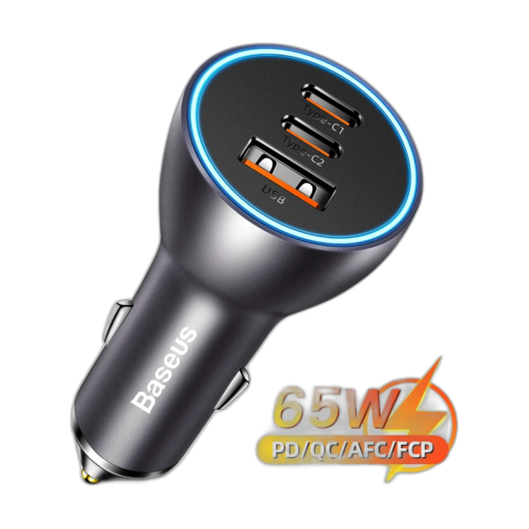Baseus 65W car charger with USB Type-C and USB-A ports in grey