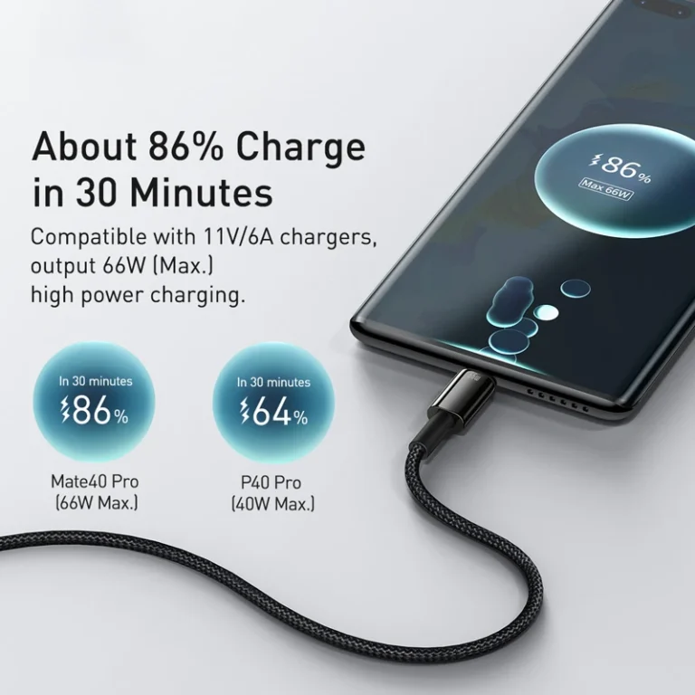 Close-up of Baseus zinc alloy connector on 240W fast charging cable