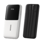 Baseus 20000mAh power bank with dual built-in cables and digital display front view