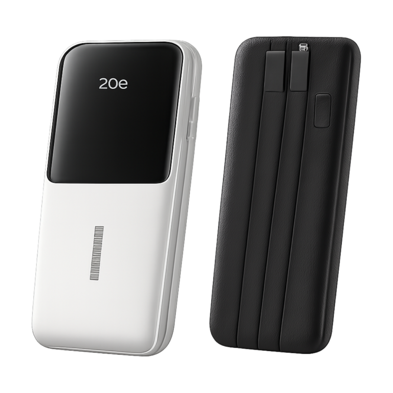 Baseus 20000mAh power bank with dual built-in cables and digital display front view