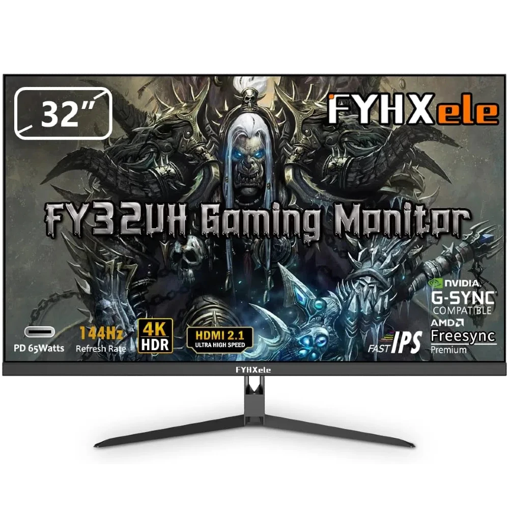 FYHXele 32Inch 4K 144Hz PC IPS Panel Monitor UHD LED Display Desktop Gaming Computer Screen FreeSync G-Sync Technology 3840*2160 FYHXele 32-inch 4K 144Hz IPS PC gaming monitor front view