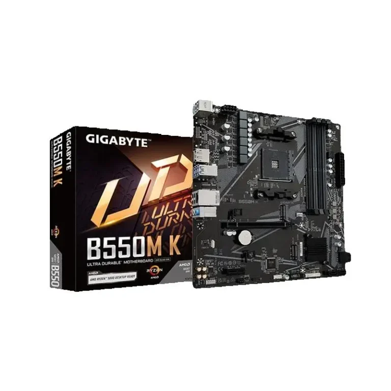 Close-up of GIGABYTE B550M K motherboard PCIe and RAM slots