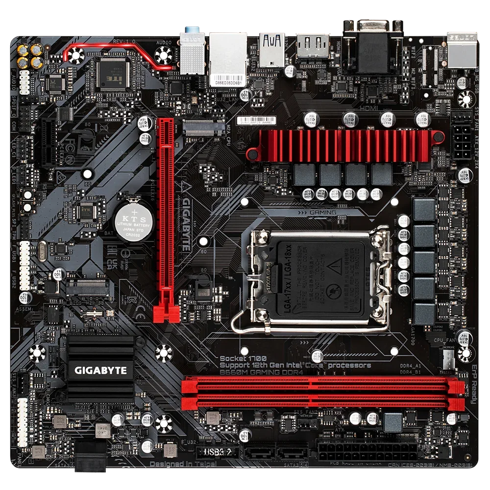 Close-up of GIGABYTE B660M Gaming DDR4 motherboard ports and slots