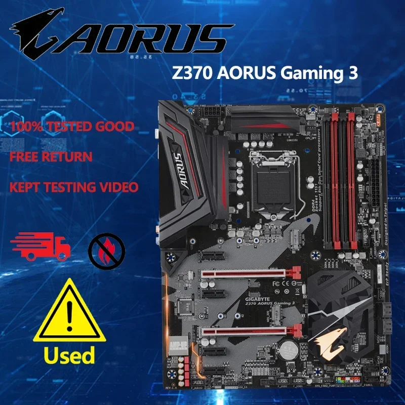Close-up of GIGABYTE Z370 AORUS Gaming 3 motherboard PCI-E slots and M.2 interfaces