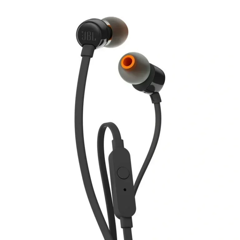 Close-up of JBL T110 earbud showing metal and silicone materials