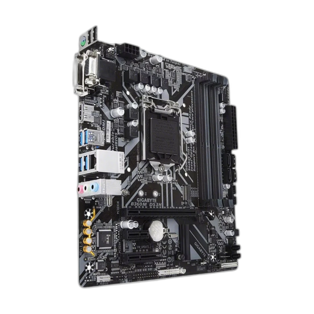 Gigabyte B360M DS3H original LGA 1151 DDR4 B360 desktop computer motherboards-bg-clean Gigabyte B360M DS3H motherboard front view showing ports and slots