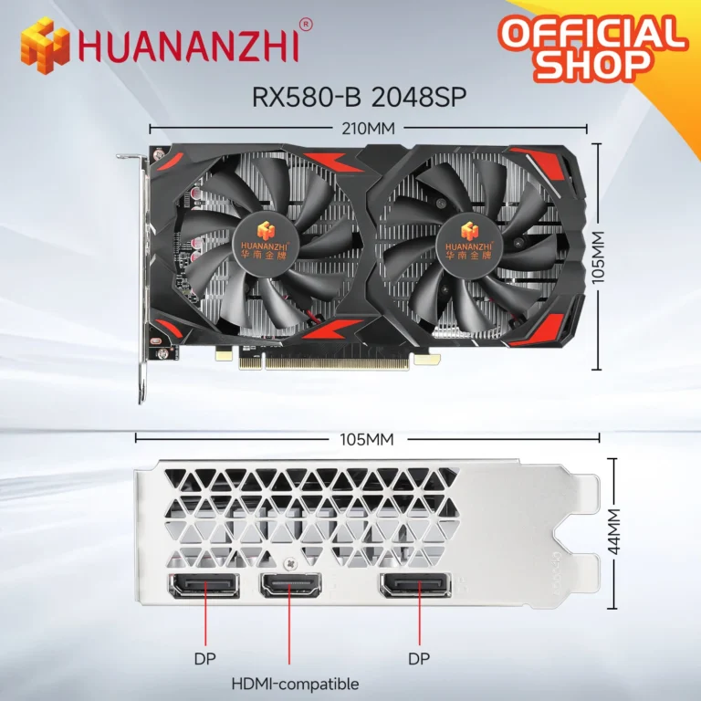 Side angle of HUANANZHI RX580 8GB PCIe graphics card showing ports