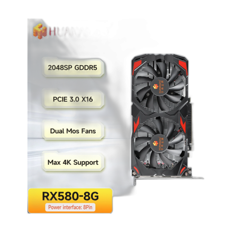 HUANANZHI RX580 8GB graphics card front view with dual fan cooler