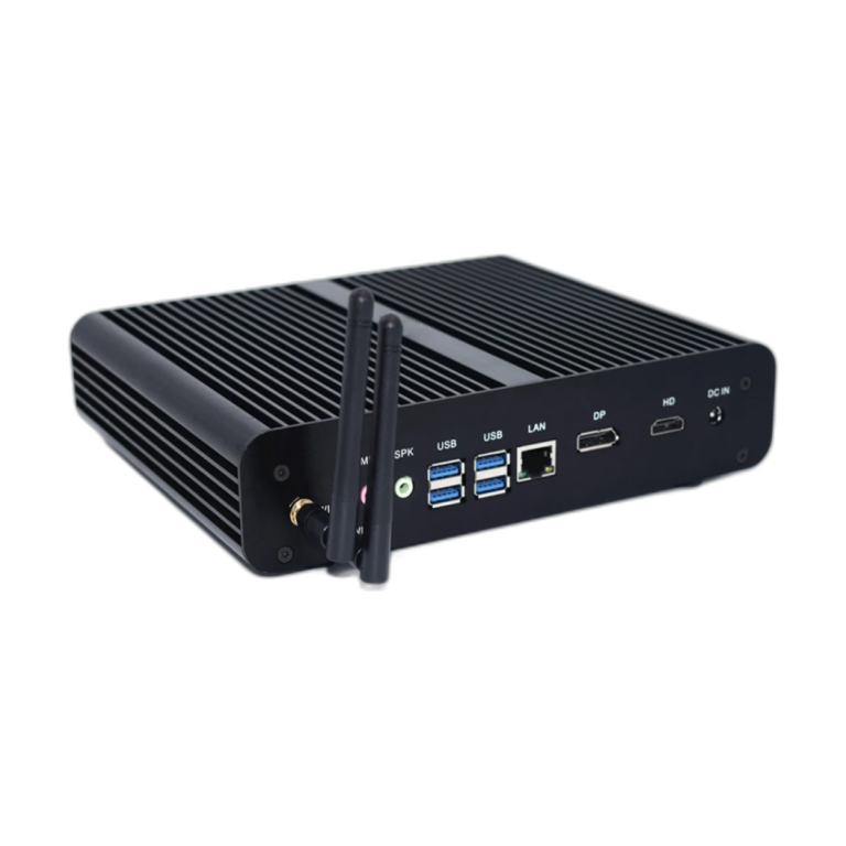 Intel Core i7 Fanless Mini PC front view with ports