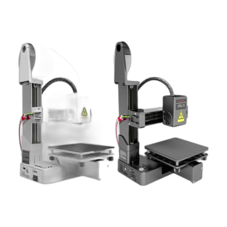 K10 compact quiet 3D printer in black and white with touchscreen control