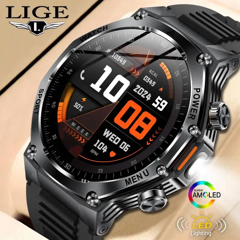 LIGE New Smart Watch Men 800mAh Ultra Long Battery Life Waterproof Outdoor Sport Watches Bluetooth Call Military Smartwatch 2025 LIGE BWAK82 men's sport smartwatch front view with AMOLED display