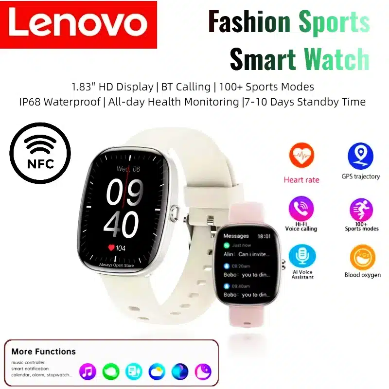 Lenovo Fashion Sports Smart Watch 1.83 Inch Touch Screen IP68 Waterproof Bluetooth Call 24-hours Health Monitor Fully Compatible Lenovo 1.83 inch sports smartwatch front view with touchscreen