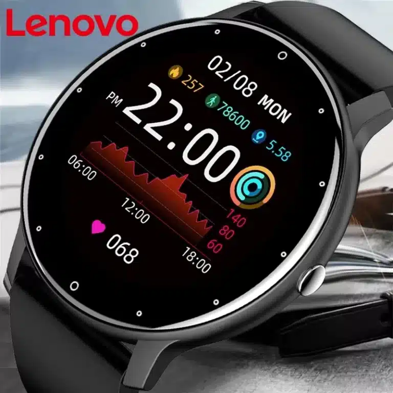 Lenovo Pro Smartwatch showing AMOLED full touch screen and fitness tracking features