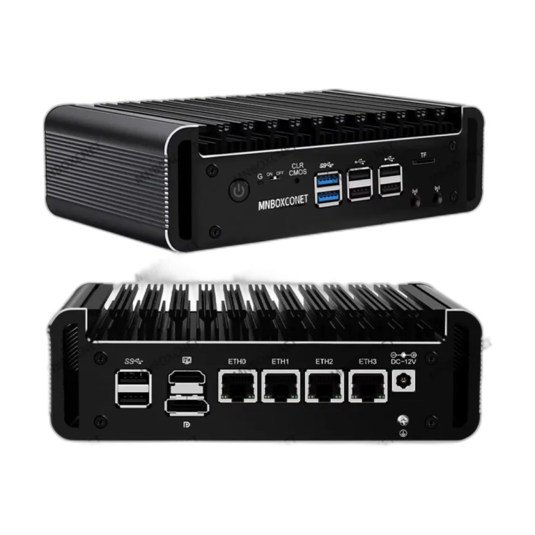 MNBOXCONET firewall mini PC appliance with 4x 2.5GbE LAN ports front view