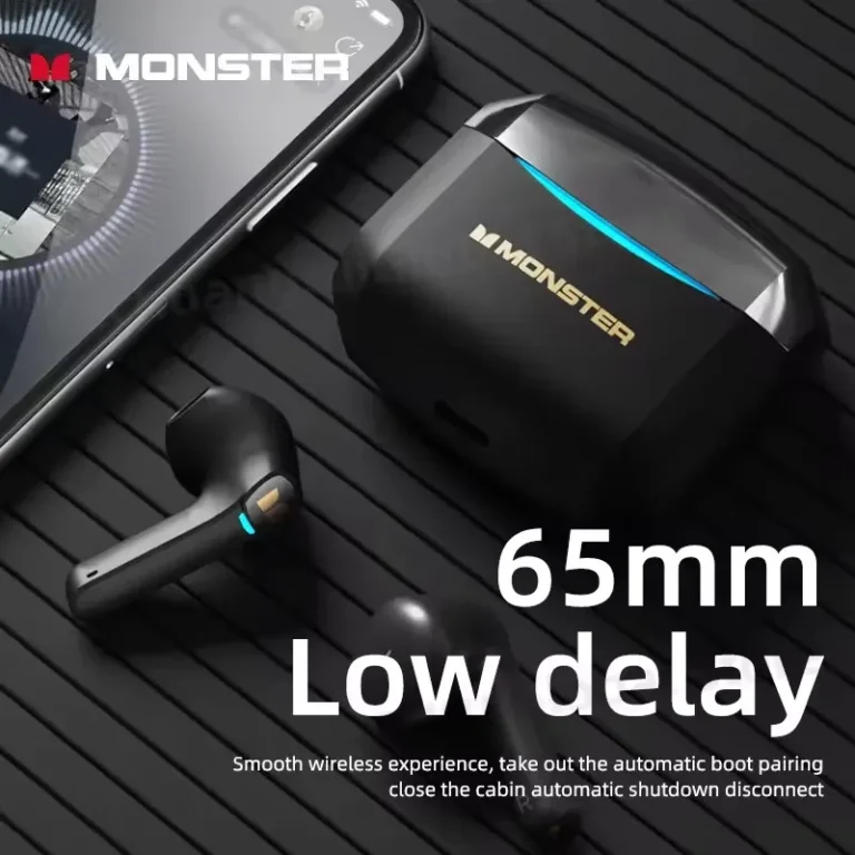 Close-up of Monster GT06 Bluetooth earphones with silica gel material