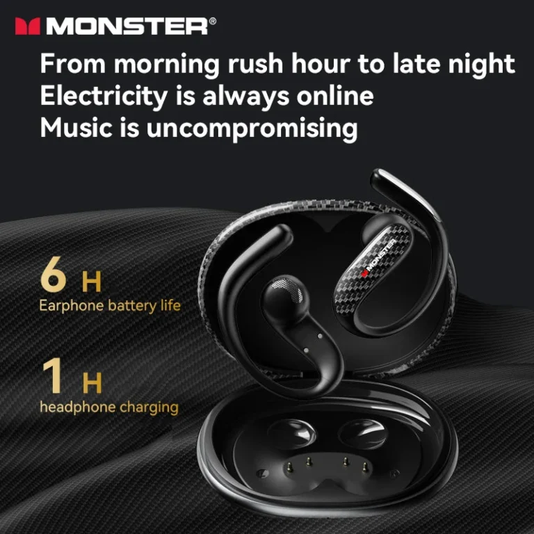 Close-up of Monster MQO37 TWS Bluetooth 6.0 earphones with mic