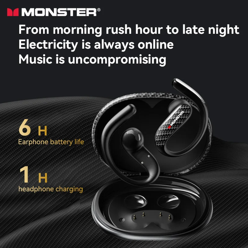 Close-up of Monster MQO37 TWS Bluetooth 6.0 earphones with mic