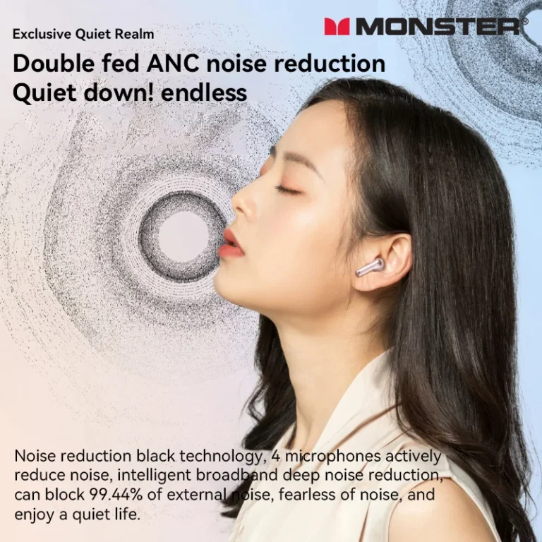 Close-up of Monster ANC wireless sport earbuds with silicone pads