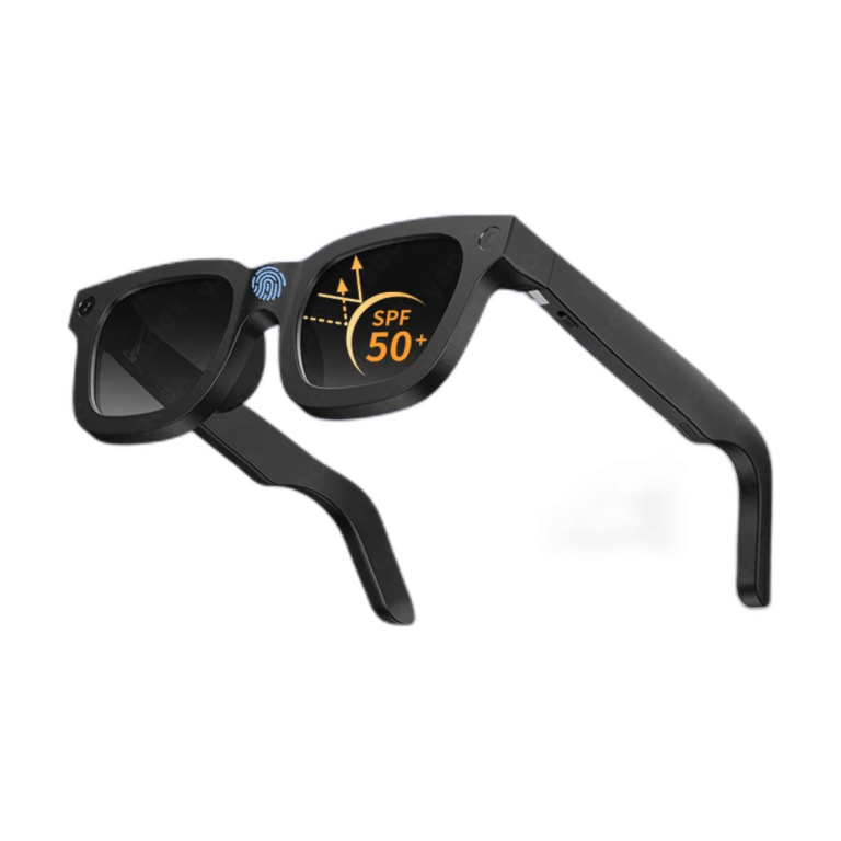 Front view of AI smart glasses with dual 8MP cameras