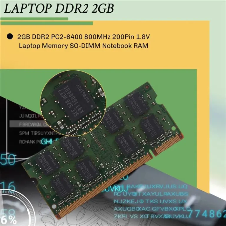 Close-up of 2GB DDR2 800MHz PC2-6400 SO-DIMM laptop memory module