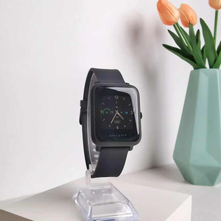 Side angle of Amazfit Bip S refurbished smartwatch showing screen