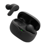 JBL Wave Beam TWS earbuds in charging case with earbuds out