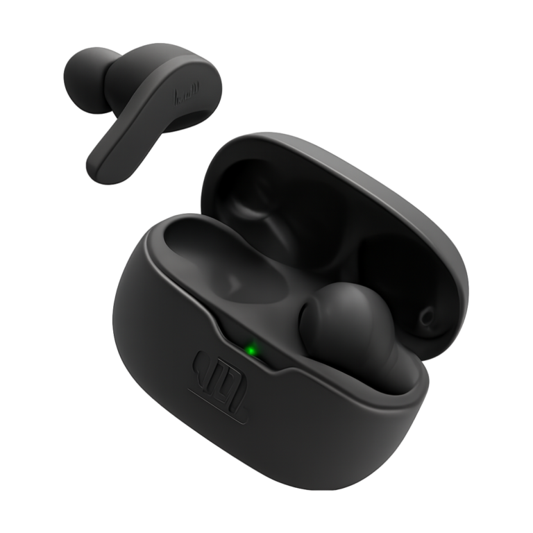 JBL Wave Beam TWS earbuds in charging case with earbuds out
