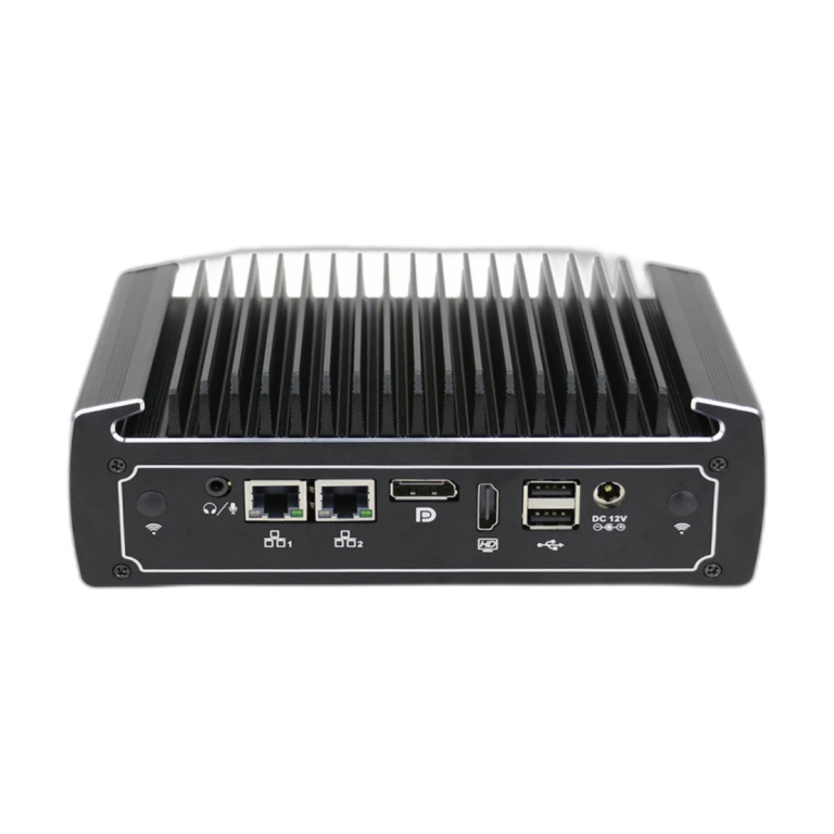 Partaker I28 fanless mini PC front view with ports visible