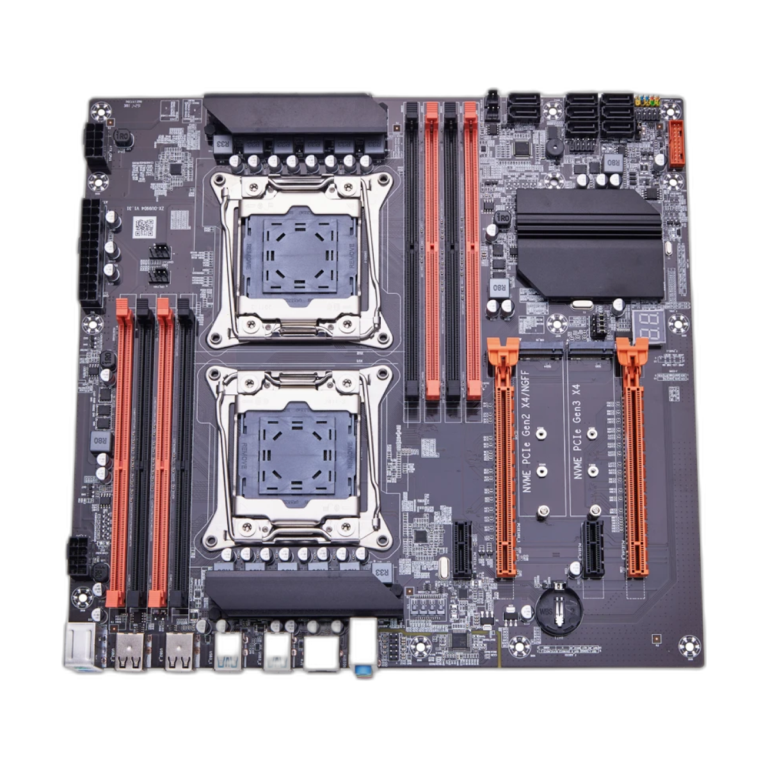 QIYIDA X99 dual CPU motherboard front view with DDR4 and M.2 slots