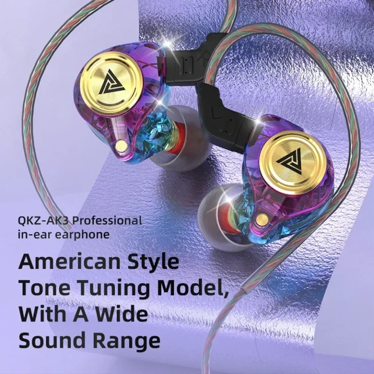 Close-up of QKZ AK3 FiLe in-ear wired headphones with mic