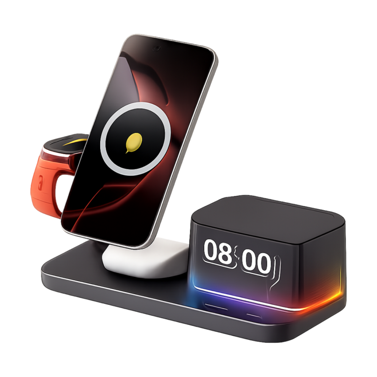 VIKEFON 5-in-1 magnetic wireless charger stand with Bluetooth speaker