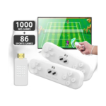 4K retro game console with white wireless motion controllers