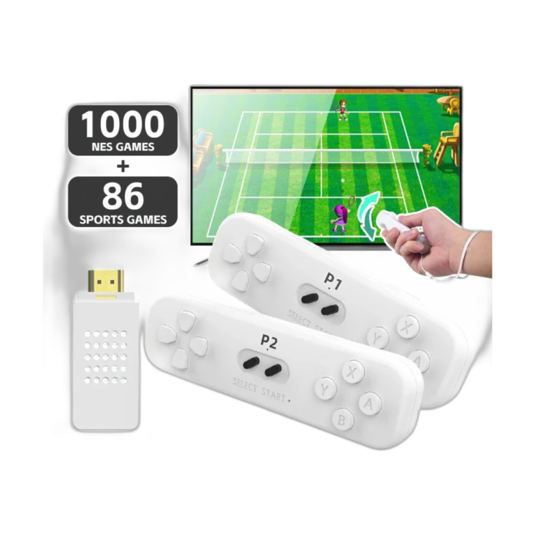 4K retro game console with white wireless motion controllers