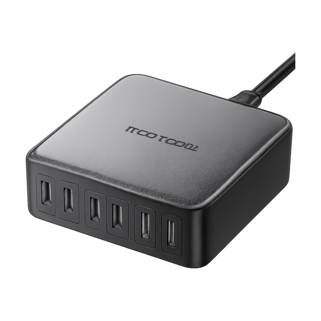 Front view of Rocoren 200W GaN 6-in-1 USB-C fast charging power station