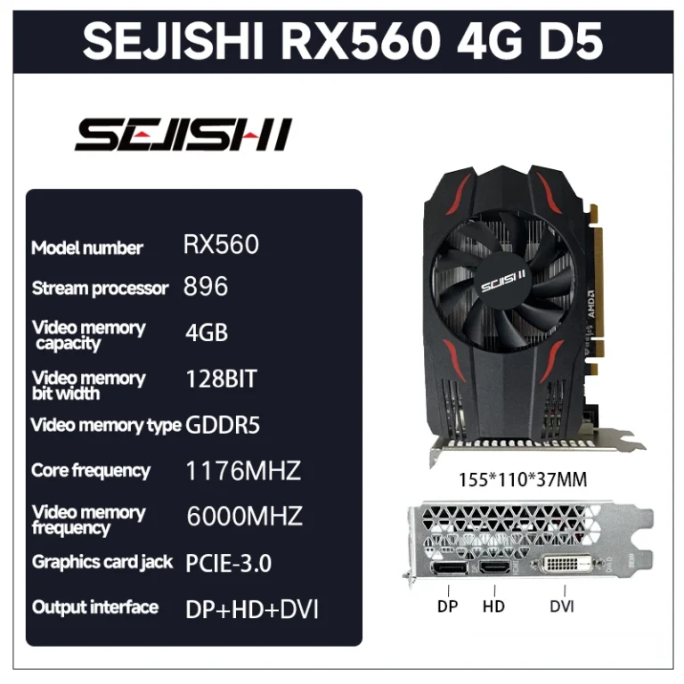 Side view of SEJISHI RX 560 4GB GDDR5 gaming GPU with dual fans
